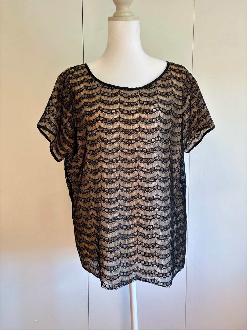J. Crew Black Lace Overlay Short Sleeve Blouse with Nude Lining